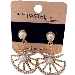 3/$25 Pastel Collection Gold & Pearl Art Deco Fan Dangle Earrings